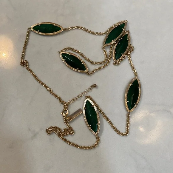 New Kendra Scott Tory Marquis Station Necklace Gold & Cats Eye Emerald Green - Picture 2 of 8